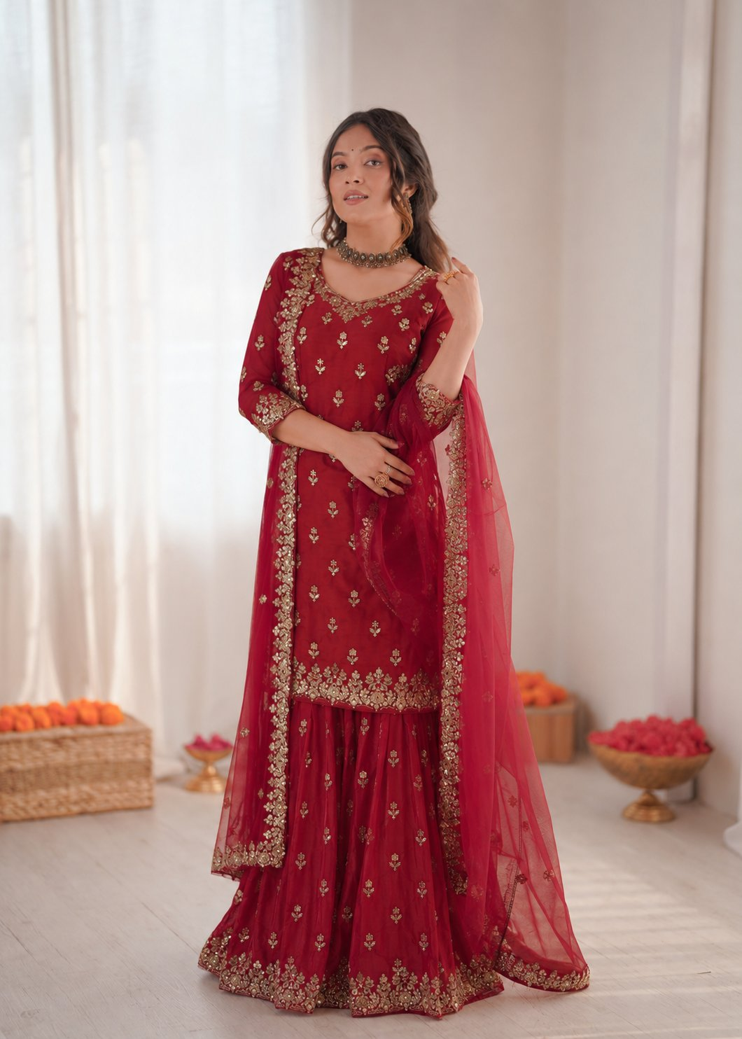 Prazu Fashion Maroon Chinon Silk Thread With Sequence Designer Sharara Suit