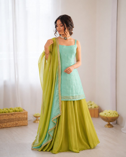 Prazu Fashion Mint Green Chinon Silk Thread With Sequence Designer Palazzo Suit