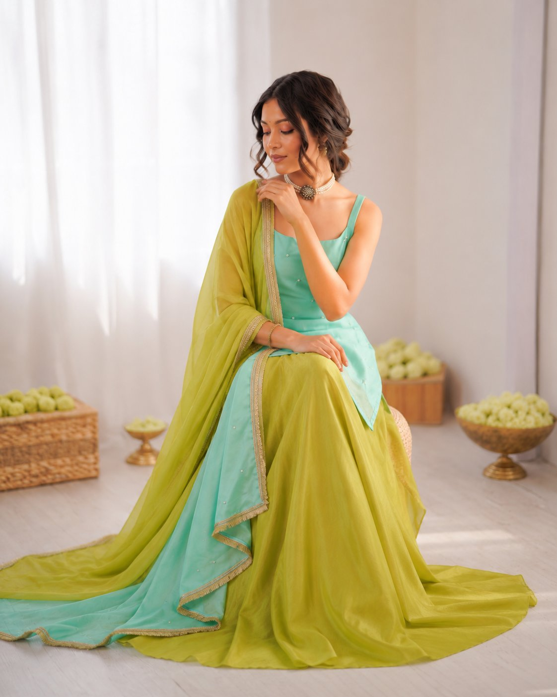 Prazu Fashion Mint Green Chinon Silk Thread With Sequence Designer Palazzo Suit
