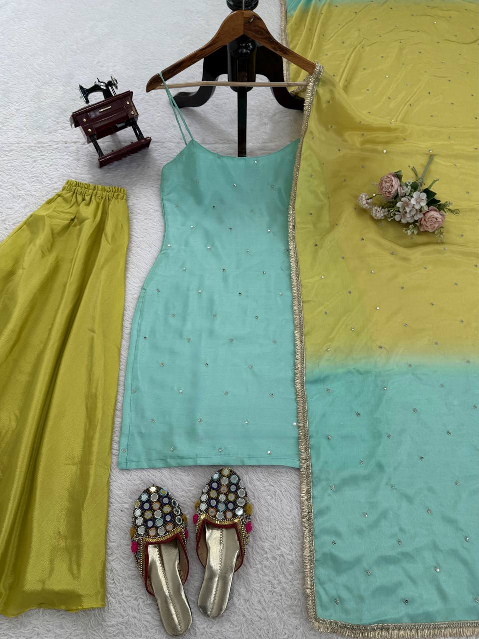Prazu Fashion Mint Green Chinon Silk Thread With Sequence Designer Palazzo Suit