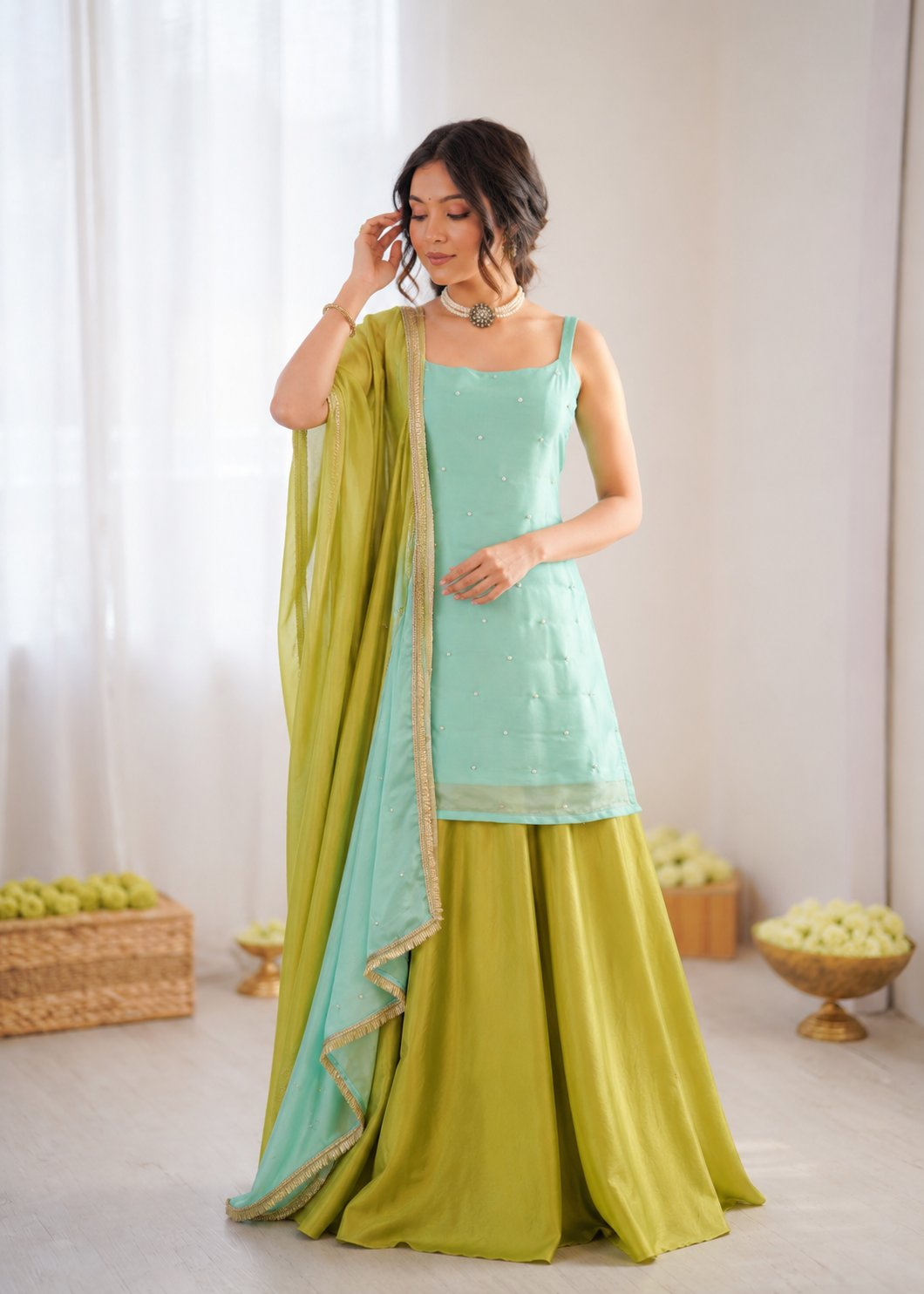 Prazu Fashion Mint Green Chinon Silk Thread With Sequence Designer Palazzo Suit