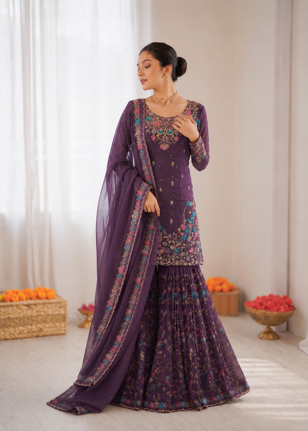 Prazu Fashion Deep Purple Art Silk Thread Sequnce With Rivet Moti Sharara Suit
