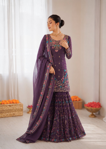 Prazu Fashion Deep Purple Art Silk Thread Sequnce With Rivet Moti Sharara Suit