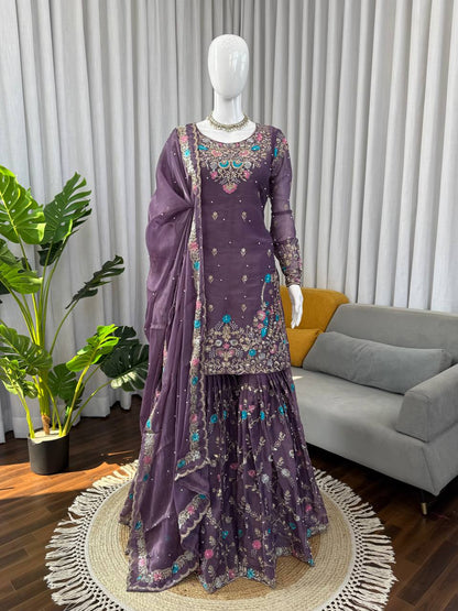Prazu Fashion Deep Purple Art Silk Thread Sequnce With Rivet Moti Sharara Suit