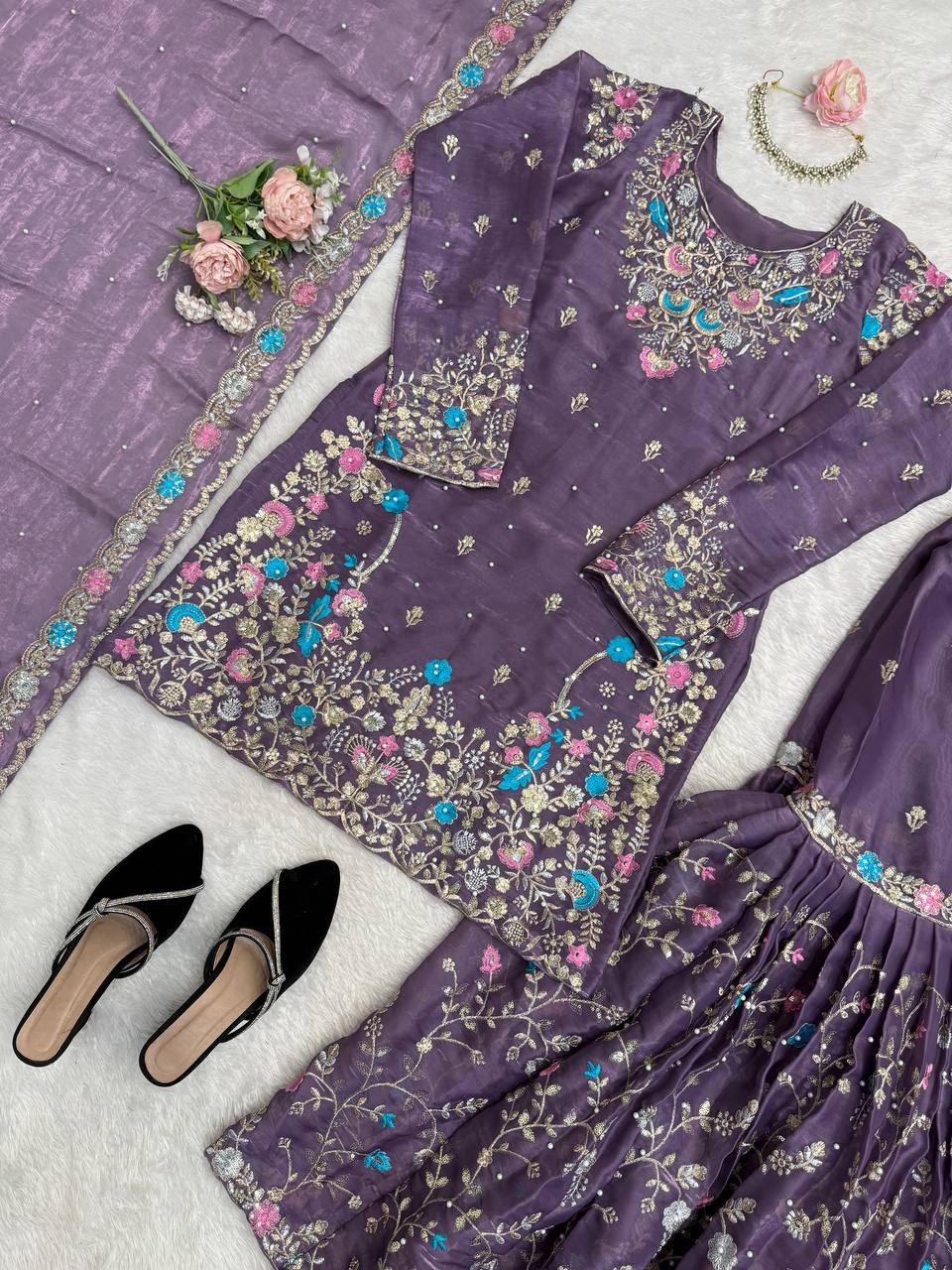 Prazu Fashion Deep Purple Art Silk Thread Sequnce With Rivet Moti Sharara Suit