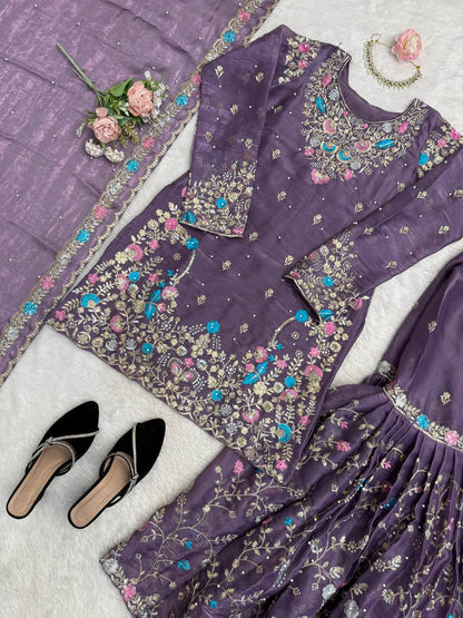 Prazu Fashion Deep Purple Art Silk Thread Sequnce With Rivet Moti Sharara Suit