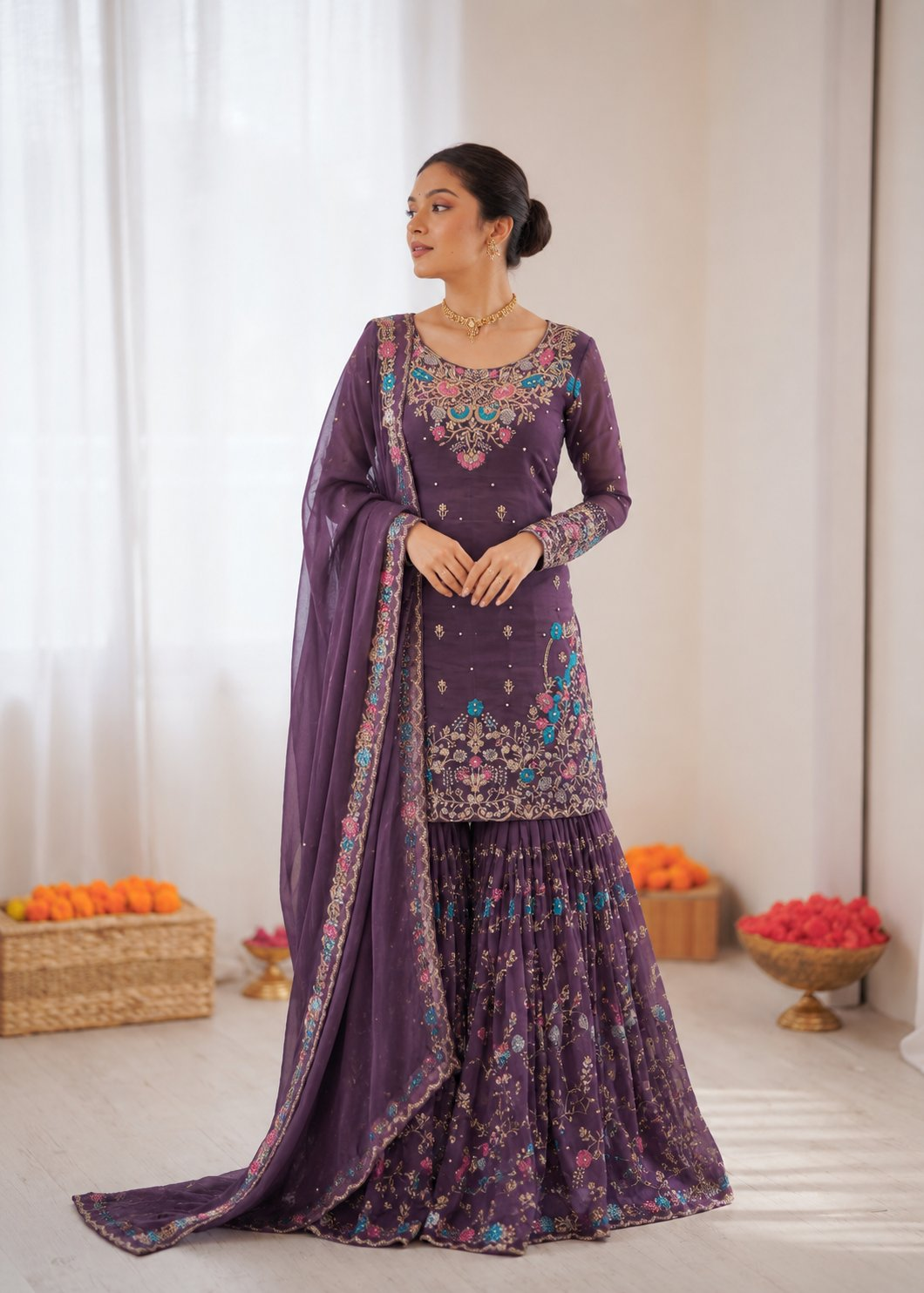 Prazu Fashion Deep Purple Art Silk Thread Sequnce With Rivet Moti Sharara Suit