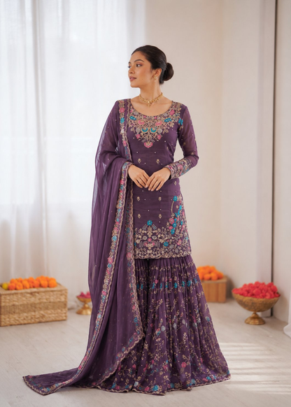 Prazu Fashion Deep Purple Art Silk Thread Sequnce With Rivet Moti Sharara Suit