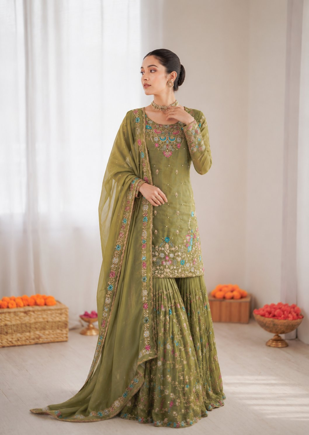 Prazu Fashion Mahendi Art Silk Thread Sequnce With Rivet Moti Sharara Suit