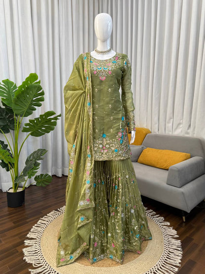 Prazu Fashion Mahendi Art Silk Thread Sequnce With Rivet Moti Sharara Suit