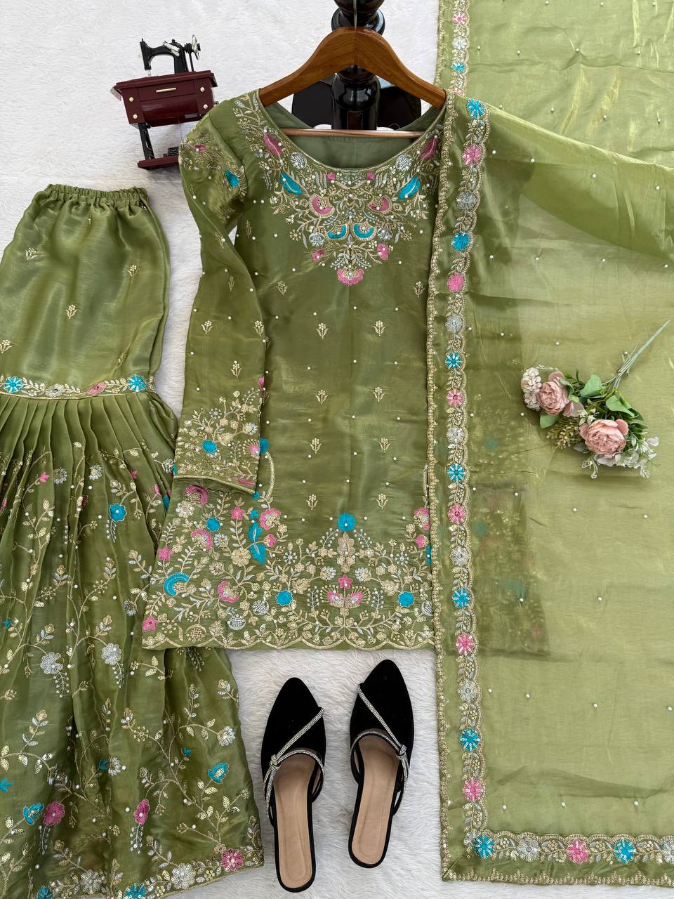 Prazu Fashion Mahendi Art Silk Thread Sequnce With Rivet Moti Sharara Suit