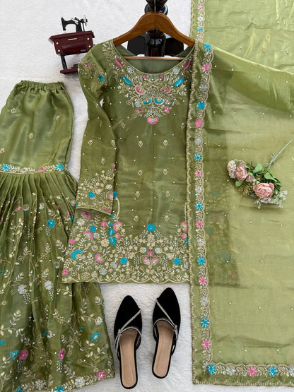 Prazu Fashion Mahendi Art Silk Thread Sequnce With Rivet Moti Sharara Suit