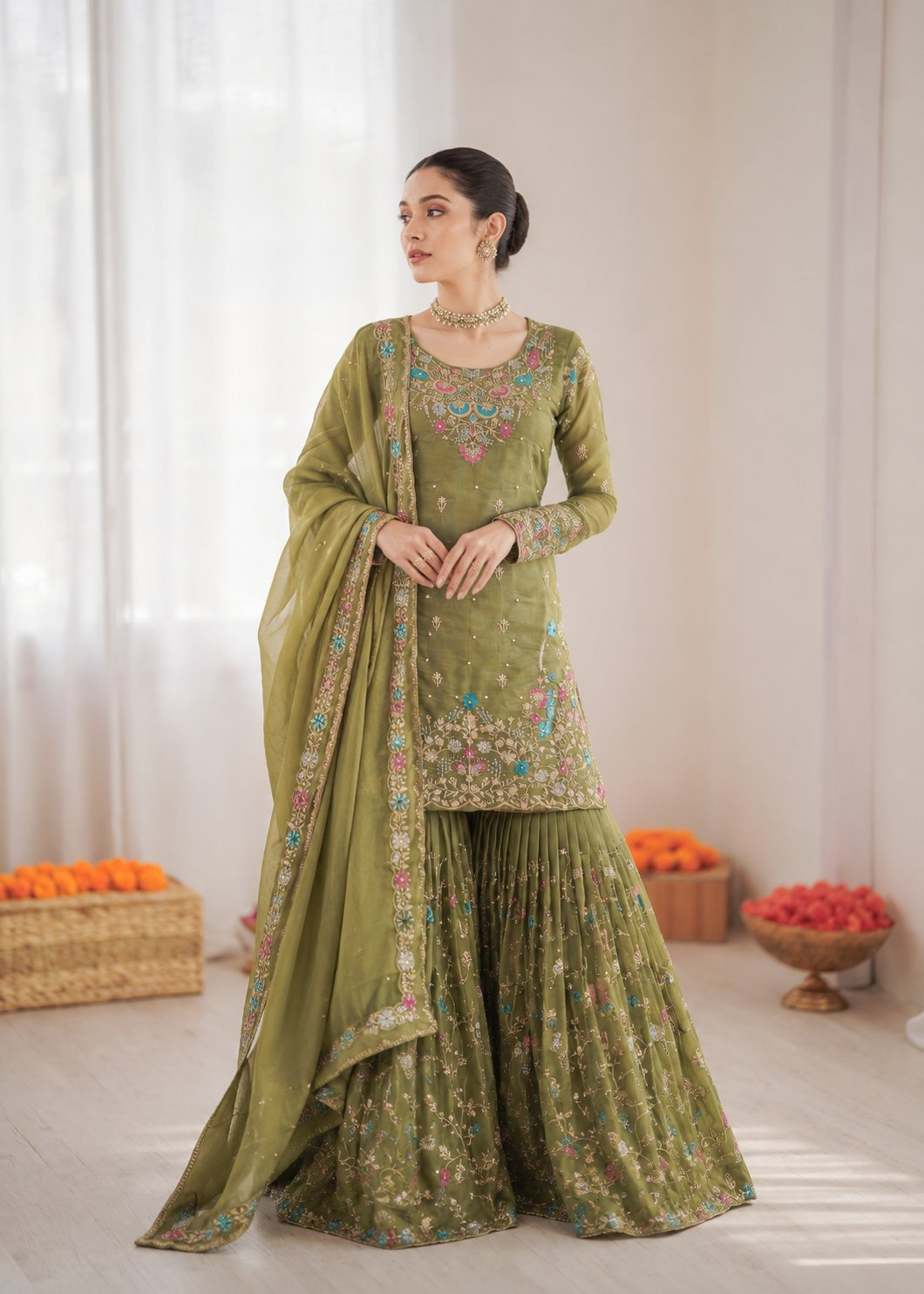 Prazu Fashion Mahendi Art Silk Thread Sequnce With Rivet Moti Sharara Suit