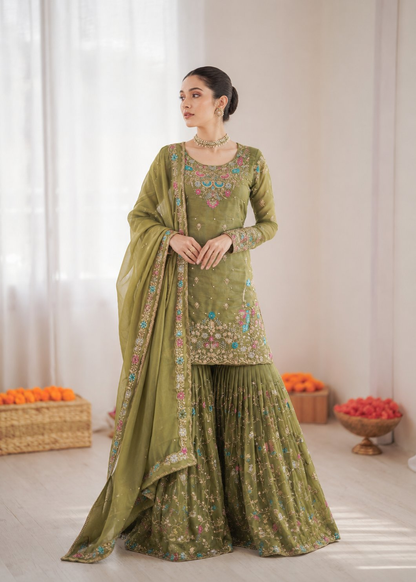 Prazu Fashion Mahendi Art Silk Thread Sequnce With Rivet Moti Sharara Suit