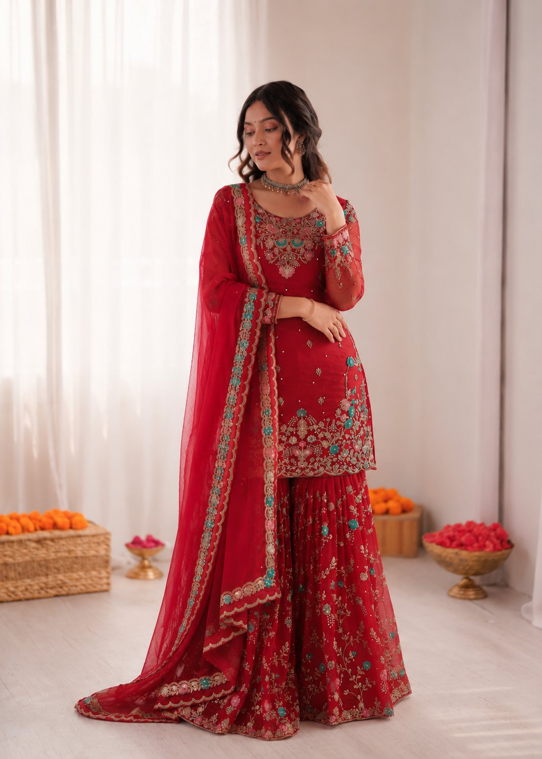 Prazu Fashion Red Art Silk Thread Sequnce With Rivet Moti Sharara Suit