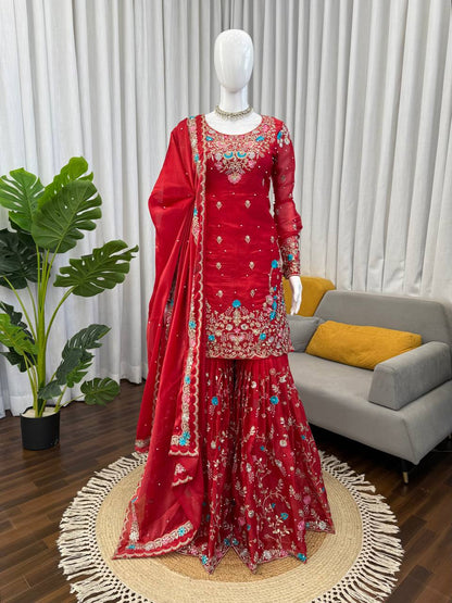 Prazu Fashion Red Art Silk Thread Sequnce With Rivet Moti Sharara Suit