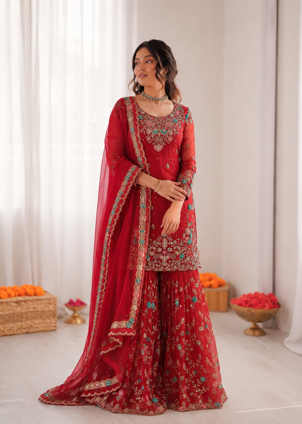 Prazu Fashion Red Art Silk Thread Sequnce With Rivet Moti Sharara Suit