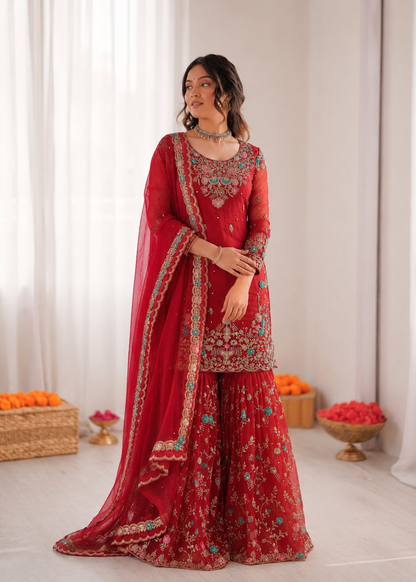 Prazu Fashion Red Art Silk Thread Sequnce With Rivet Moti Sharara Suit