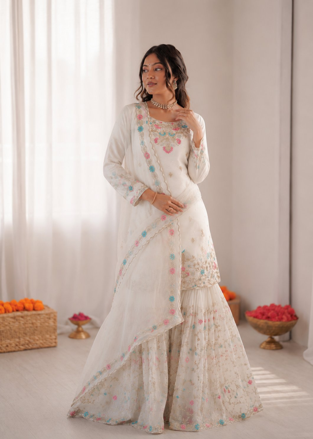 Prazu Fashion Off White Art Silk Thread Sequnce With Rivet Moti Sharara Suit