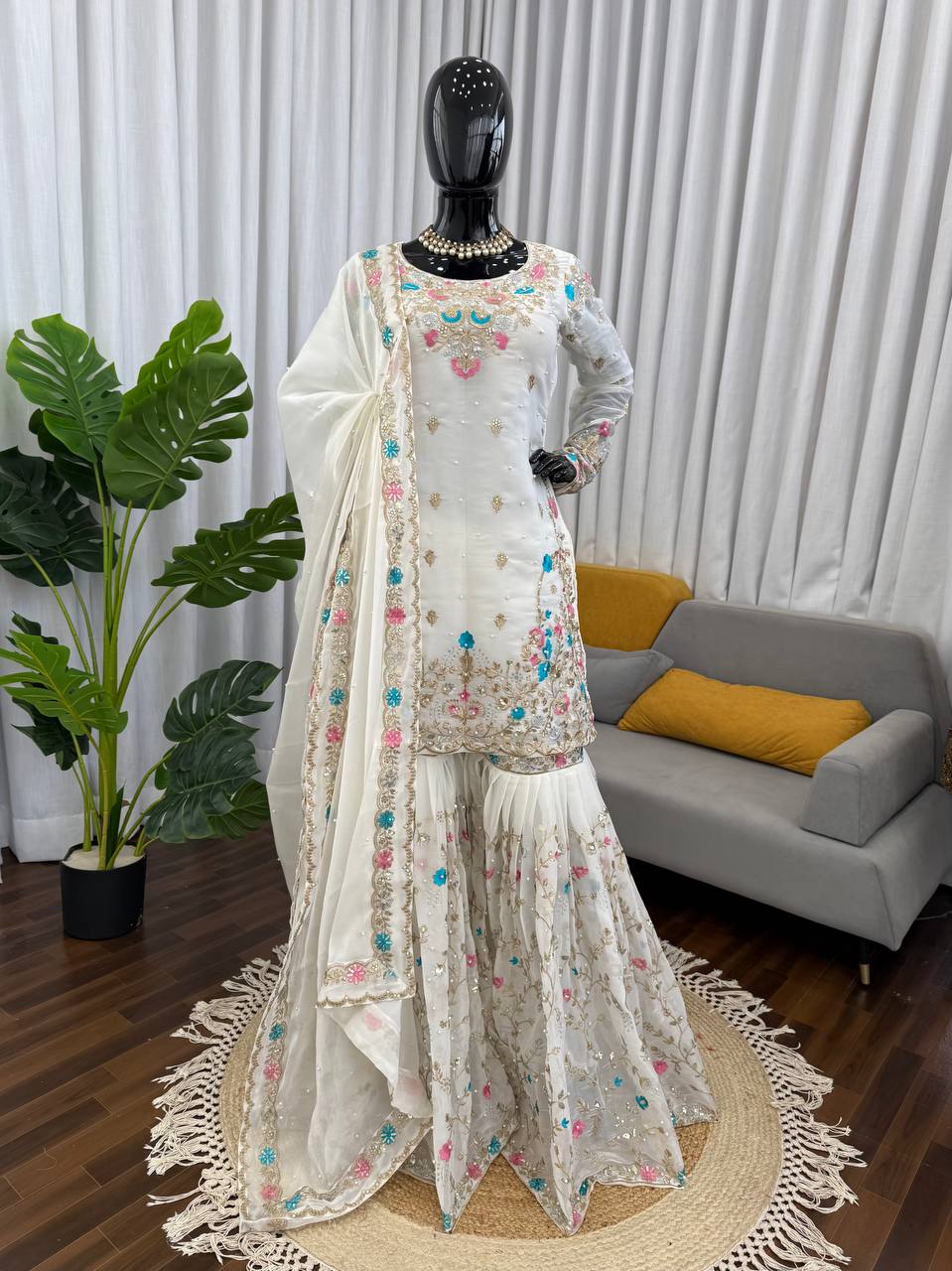 Prazu Fashion Off White Art Silk Thread Sequnce With Rivet Moti Sharara Suit
