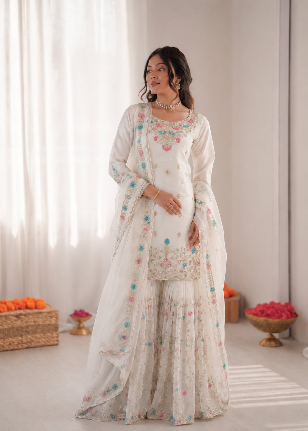 Prazu Fashion Off White Art Silk Thread Sequnce With Rivet Moti Sharara Suit