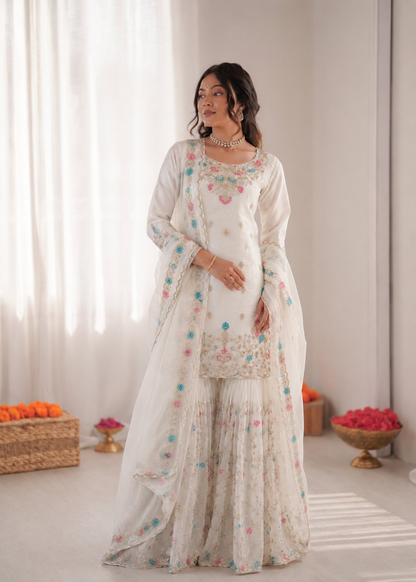 Prazu Fashion Off White Art Silk Thread Sequnce With Rivet Moti Sharara Suit