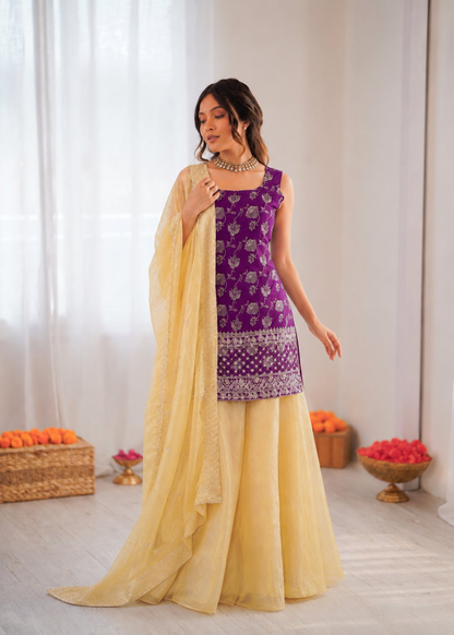 Prazu Fashion Purple Jacquard Thread With Sequence Designer Palazzo Suit