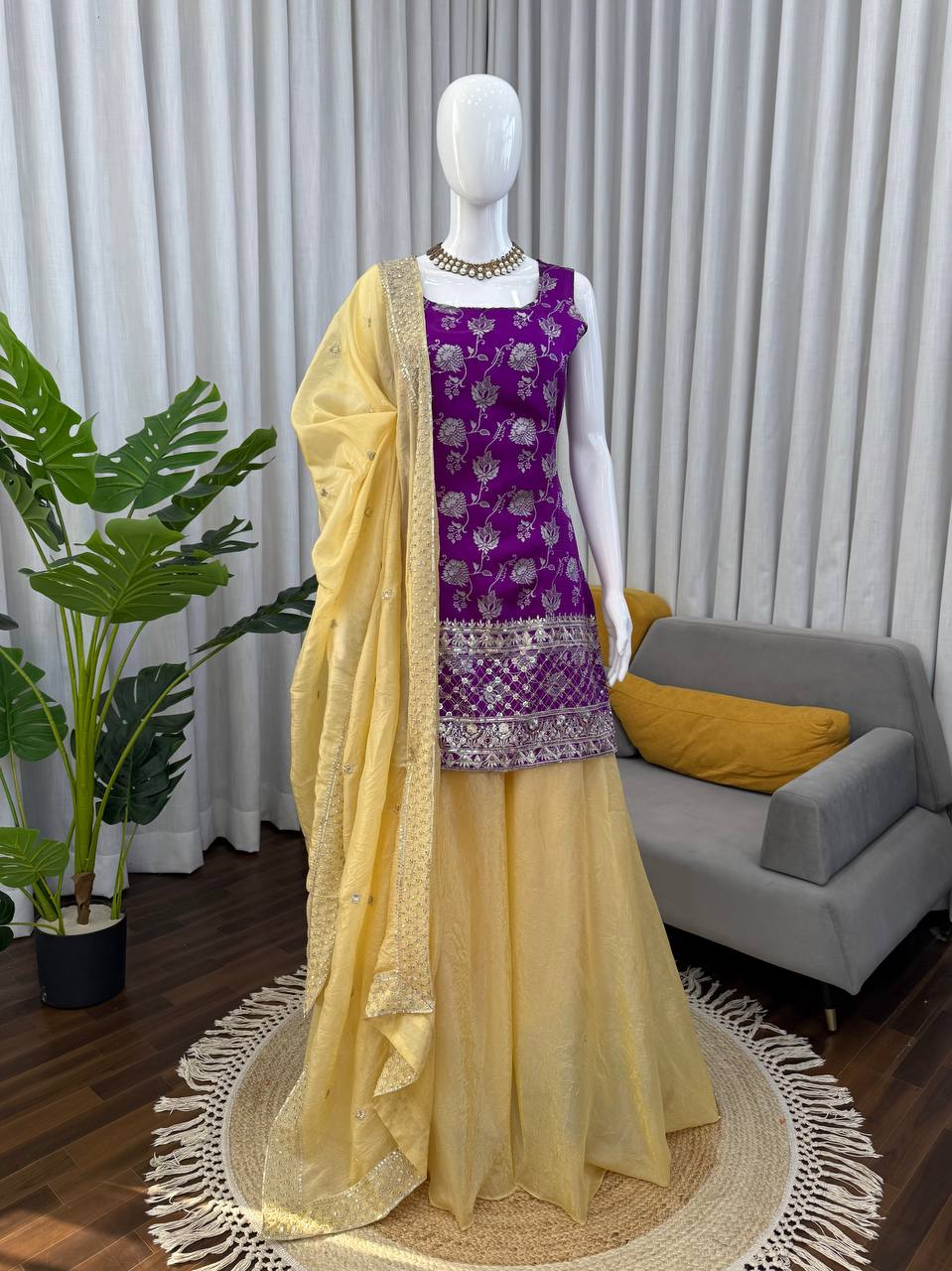 Prazu Fashion Purple Jacquard Thread With Sequence Designer Palazzo Suit