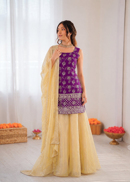 Prazu Fashion Purple Jacquard Thread With Sequence Designer Palazzo Suit