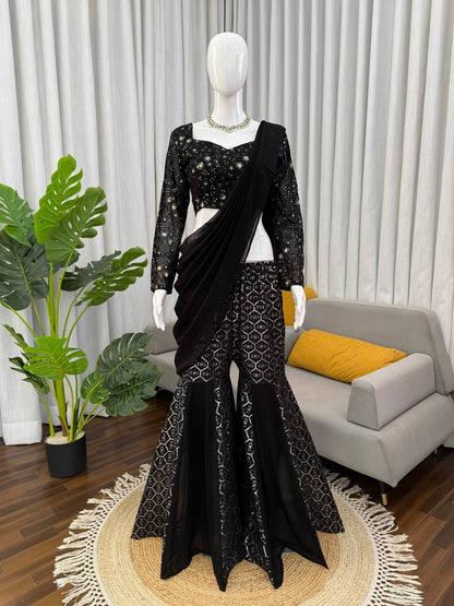 Prazu Fashion Black Georgette Thread With Sequence Western Sharara Suit