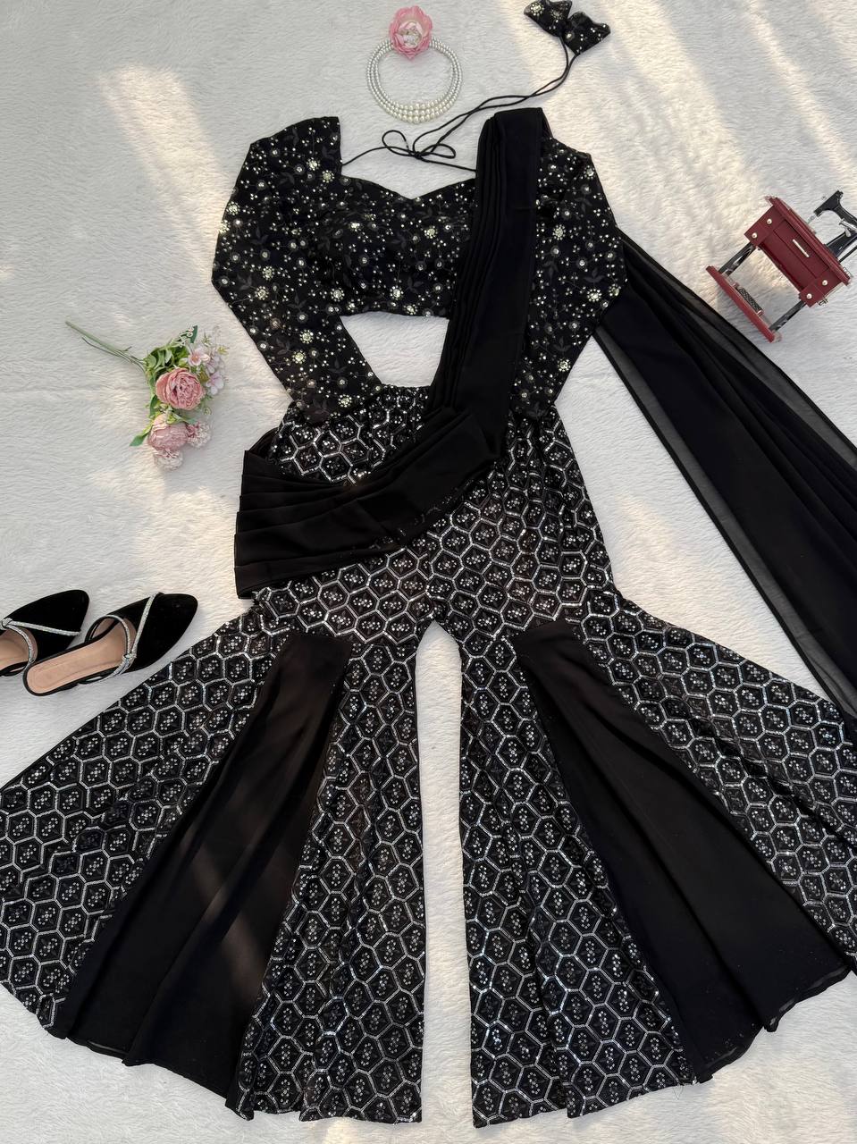 Prazu Fashion Black Georgette Thread With Sequence Western Sharara Suit
