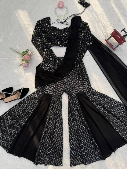 Prazu Fashion Black Georgette Thread With Sequence Western Sharara Suit