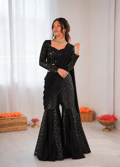 Prazu Fashion Black Georgette Thread With Sequence Western Sharara Suit