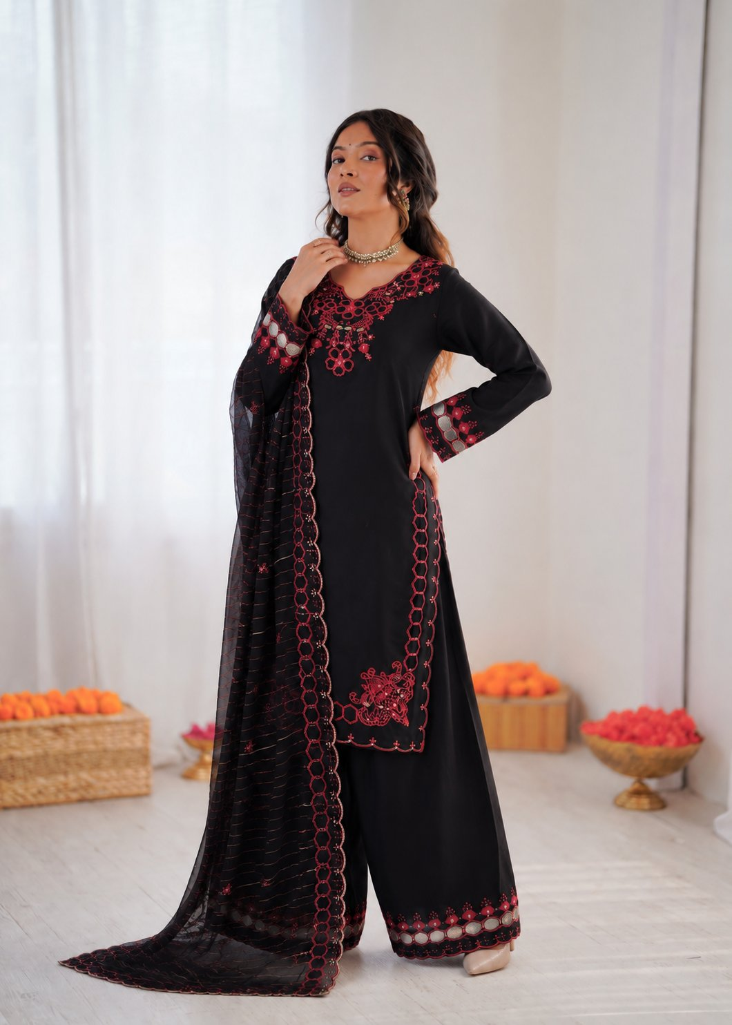 Prazu Fashion Black Mull Chanderi Silk Thread Work Farshi Salwar Suit