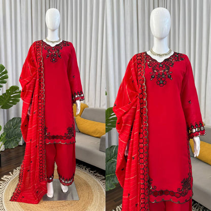 Prazu Fashion Red Mull Chanderi Silk Thread Work Farshi Salwar Suit