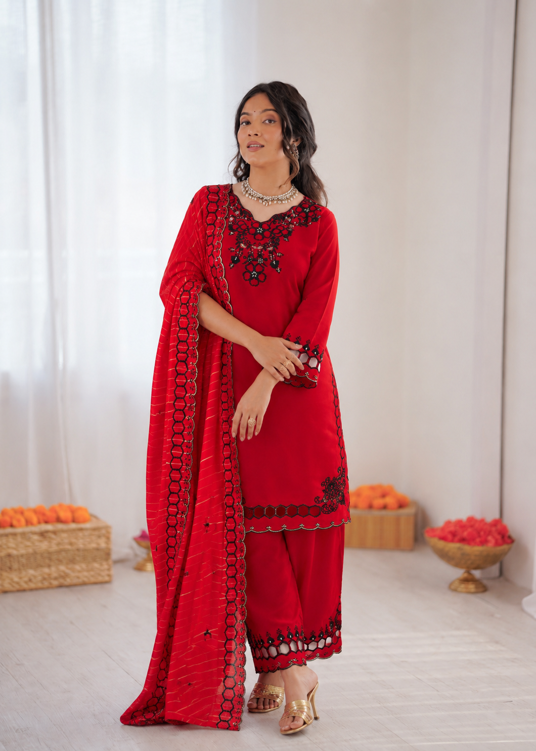 Prazu Fashion Red Mull Chanderi Silk Thread Work Farshi Salwar Suit