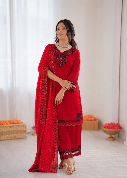 Prazu Fashion Red Mull Chanderi Silk Thread Work Farshi Salwar Suit