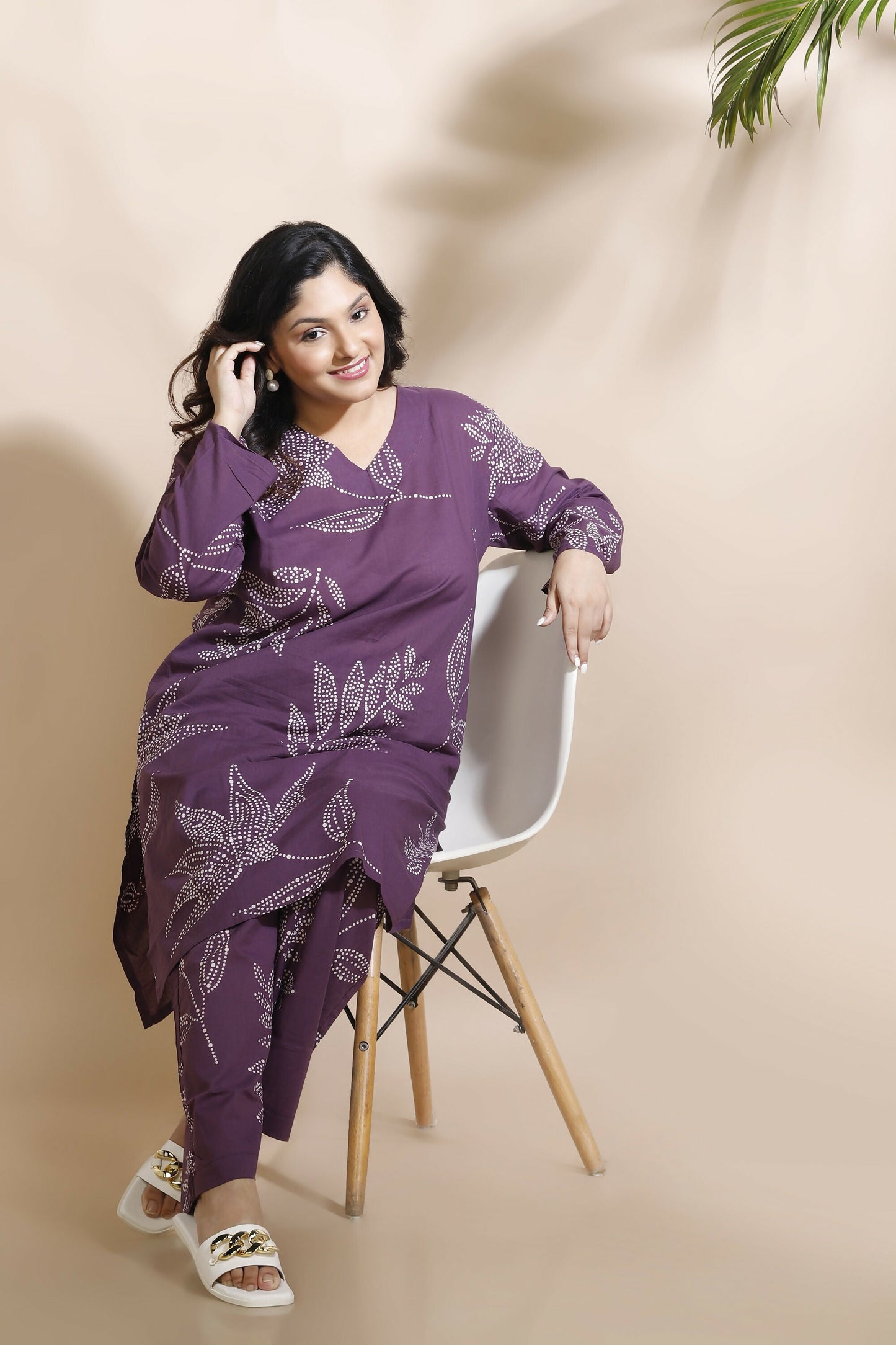 Breathables WomenS Purple Cotton Abstract Print Loungewear Co-Ord Set  Long Kurta & Pants