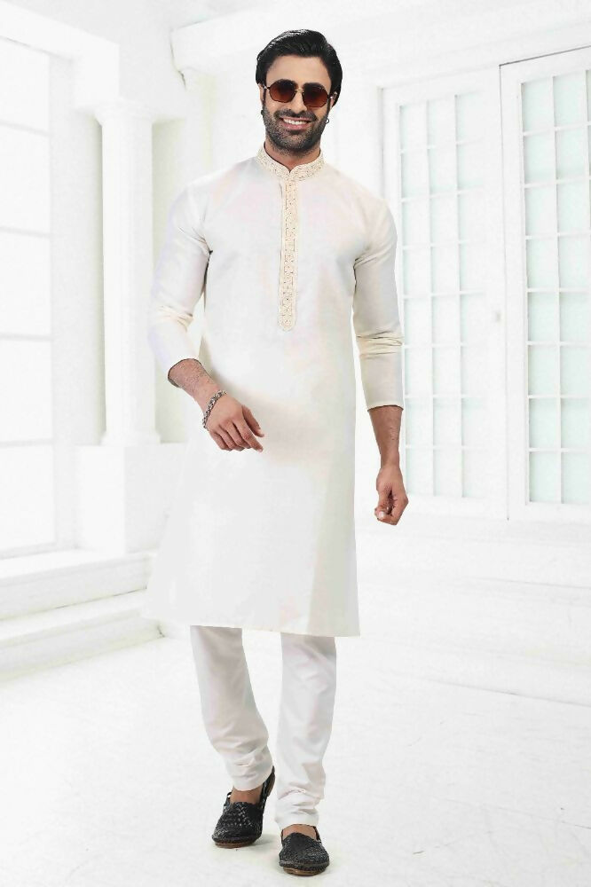 Raivat Ethnic Linen Cotton Thread Work Kurta Pajama In Cream Colour