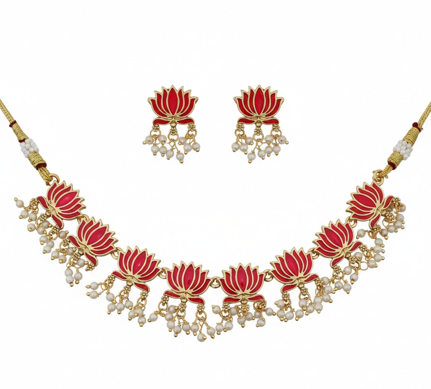 Jewel City Gold-Plated Traditional Handcrafted Red Lotus Kundan Necklace Set