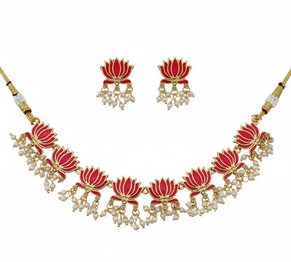 Jewel City Gold-Plated Traditional Handcrafted Red Lotus Kundan Necklace Set