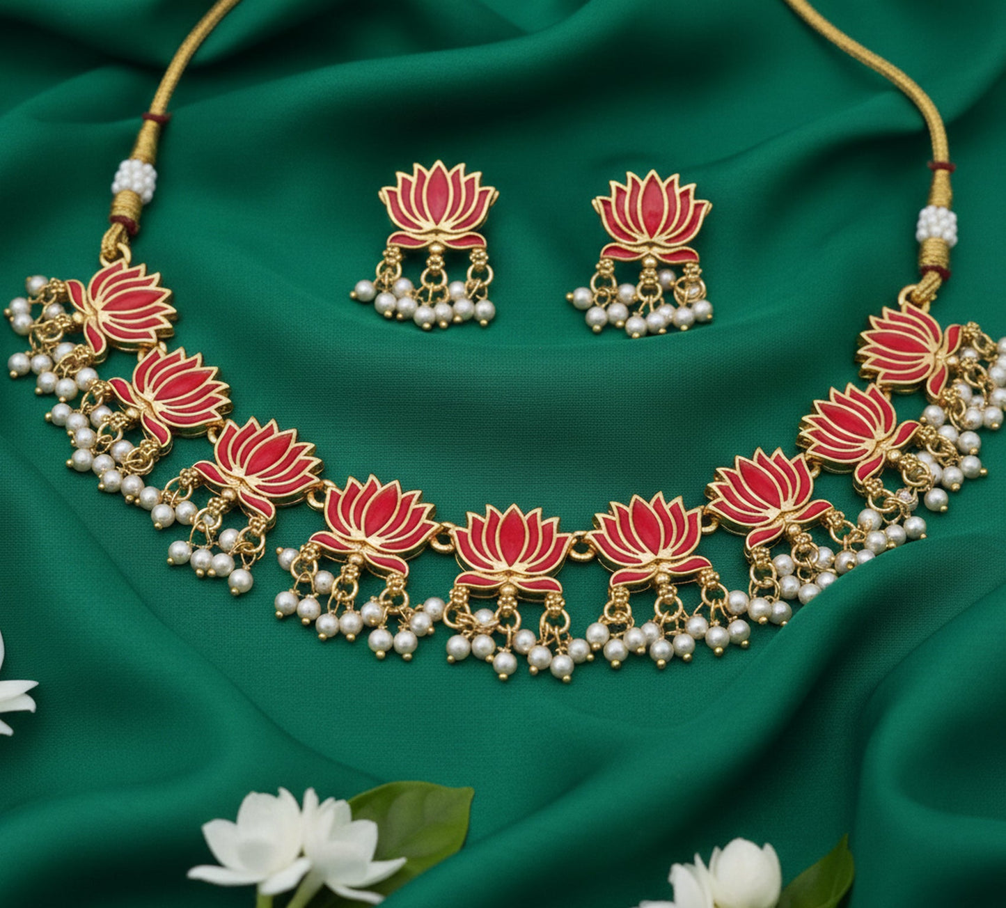 Jewel City Gold-Plated Traditional Handcrafted Red Lotus Kundan Necklace Set