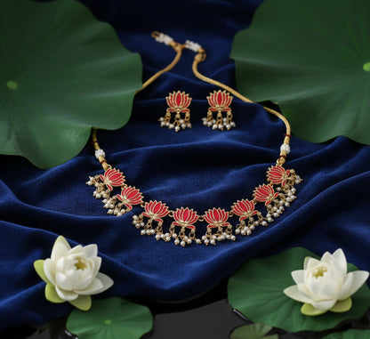 Jewel City Gold-Plated Traditional Handcrafted Red Lotus Kundan Necklace Set