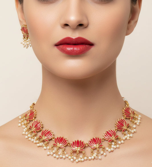 Jewel City Gold-Plated Traditional Handcrafted Red Lotus Kundan Necklace Set