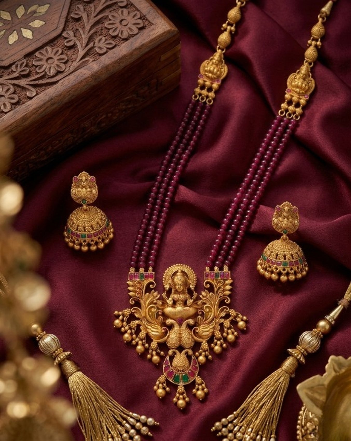 Jewel City Antique-Finish Goddess Ruby Beaded Necklace & Stud Earring Set - Traditional Kemp Stone Temple Jewelry