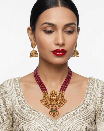 Jewel City Antique-Finish Goddess Ruby Beaded Necklace & Stud Earring Set - Traditional Kemp Stone Temple Jewelry