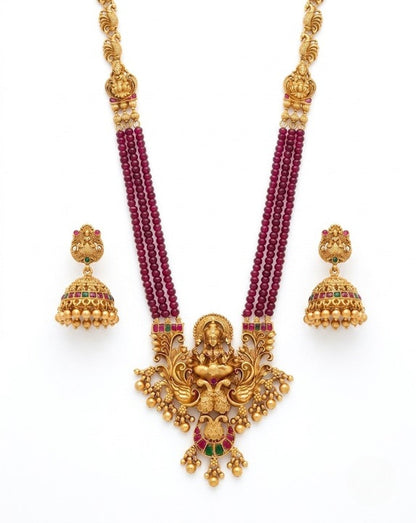Jewel City Antique-Finish Goddess Ruby Beaded Necklace & Stud Earring Set - Traditional Kemp Stone Temple Jewelry