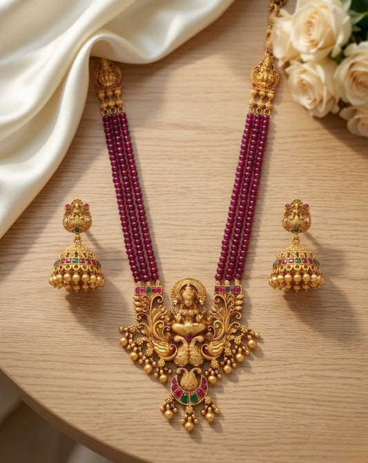 Jewel City Antique-Finish Goddess Ruby Beaded Necklace & Stud Earring Set - Traditional Kemp Stone Temple Jewelry