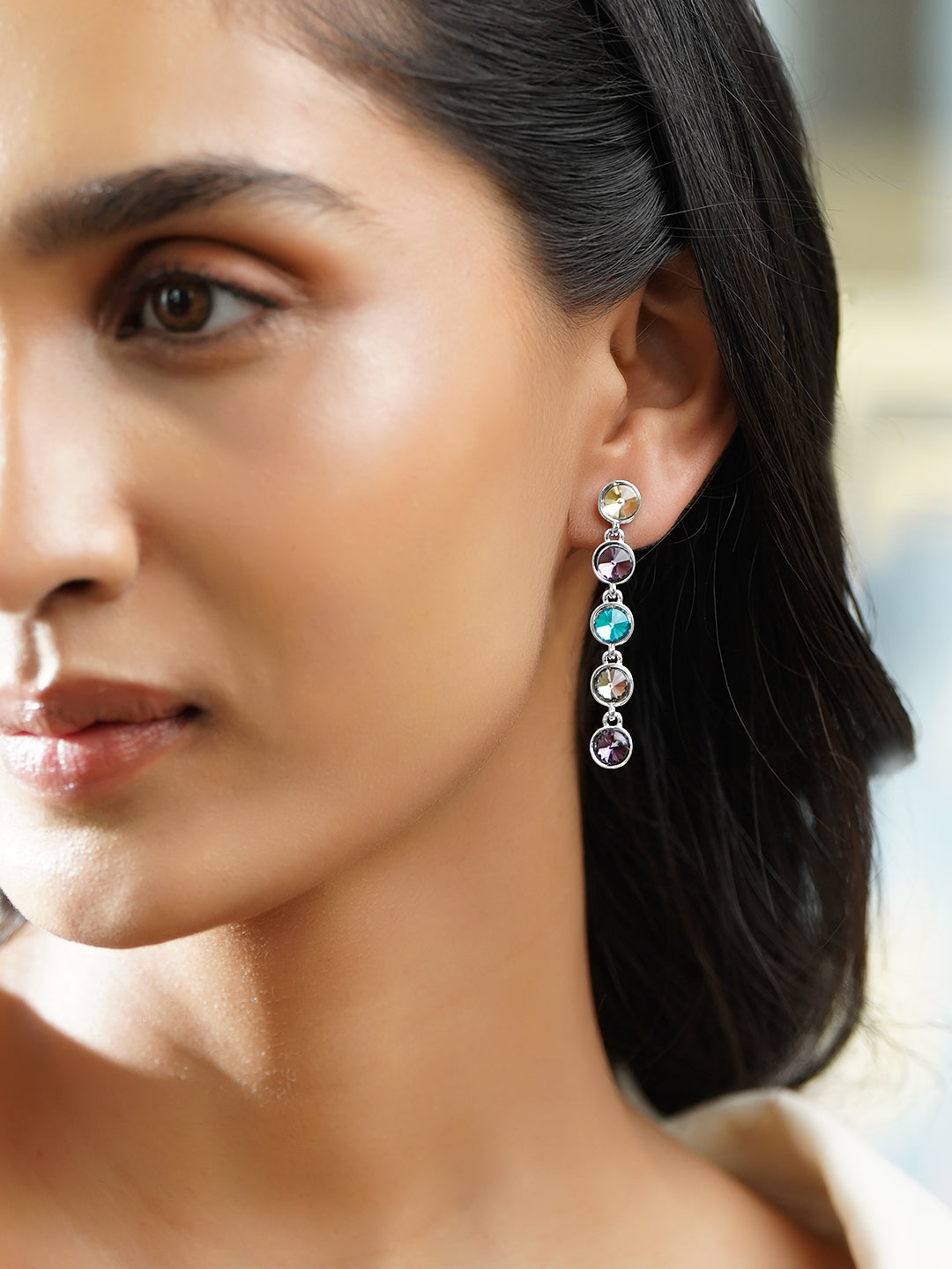Rubans Voguish Rhodium-Plated Multicolour Crystal Stone Drop Dangler Earrings