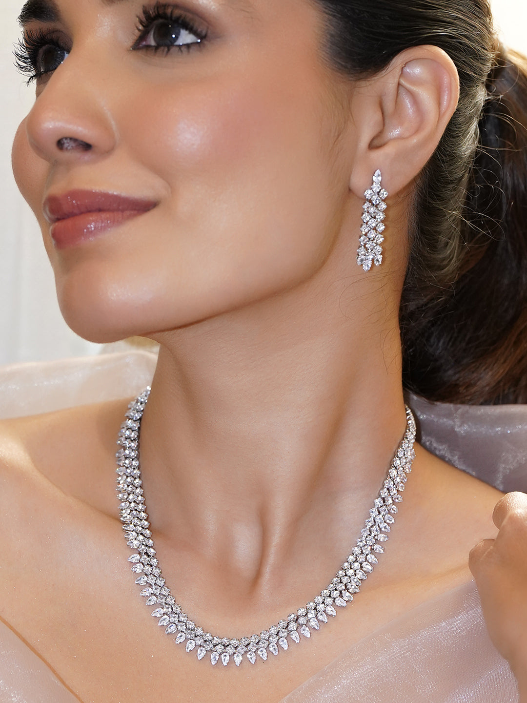 Silver Necklace Set with Crystal Clusters